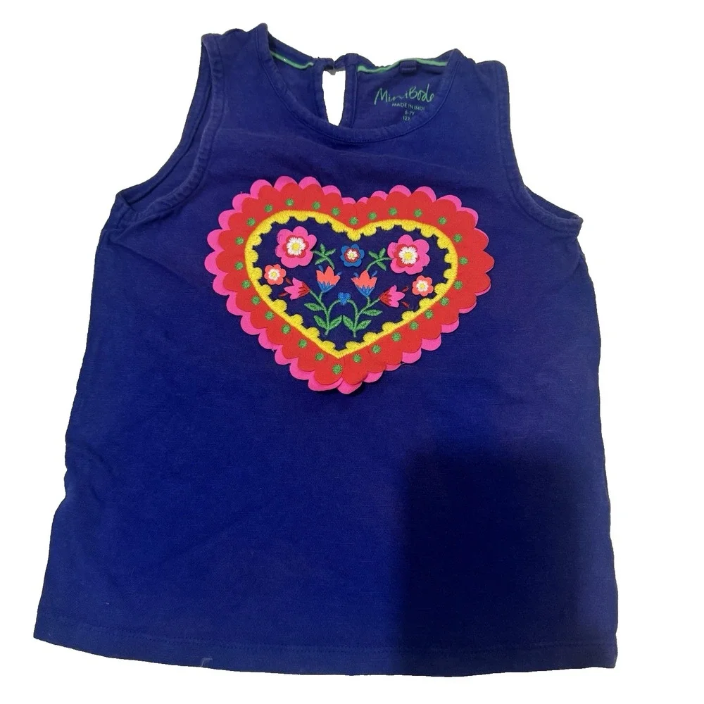 Hanna Andersson Girls Floral Heart Tank Top  Blue Cotton Size 6-7 (120cm) Summer
